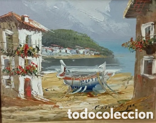 Arte: &Oacute;leo sobre lienzo motivos mar&iacute;timos pueblo cala de pescadores 34 cm alto x 39 de ancho