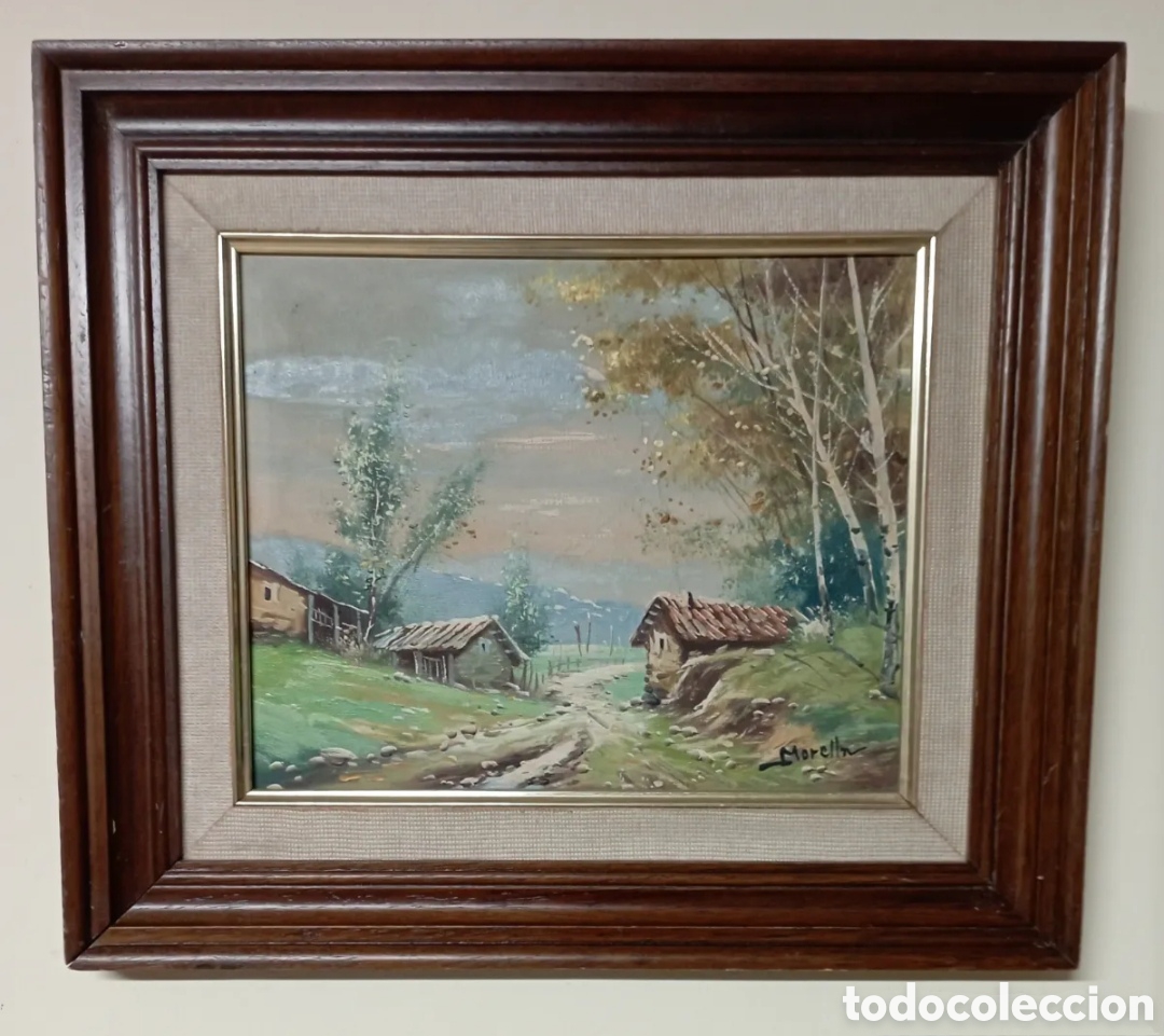 Arte: &Oacute;leo sobre lienzo paisaje campestre o de monta&ntilde;a firmado Morella alto 38 cm ancho 44 cm