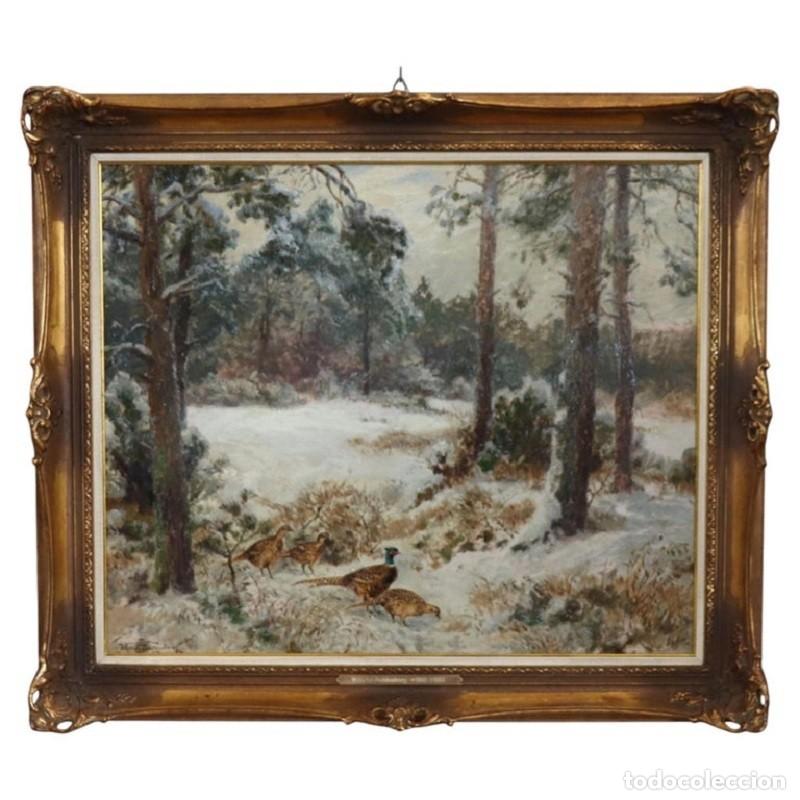 Arte: Faisanes en la nieve, pintura al &oacute;leo sobre tabla, firmada Wilhelm Buddenberg