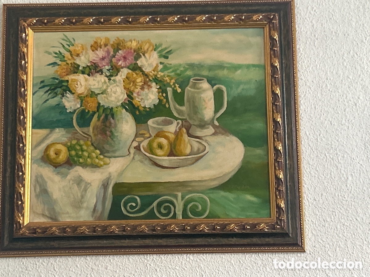 Arte: &Oacute;leo sobre lienzo - Bodeg&oacute;n de flores y frutas - Firmado Stover - Marco cl&aacute;sico dorado&rdquo;