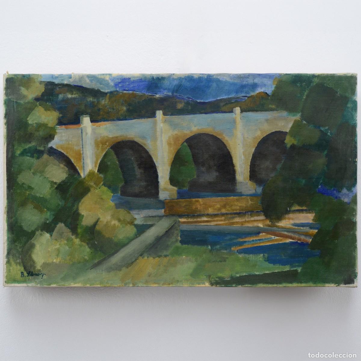 Arte: Mid 20th Century Swedish Modernism River Landscape Arch Bridge Oil Canvas Signed