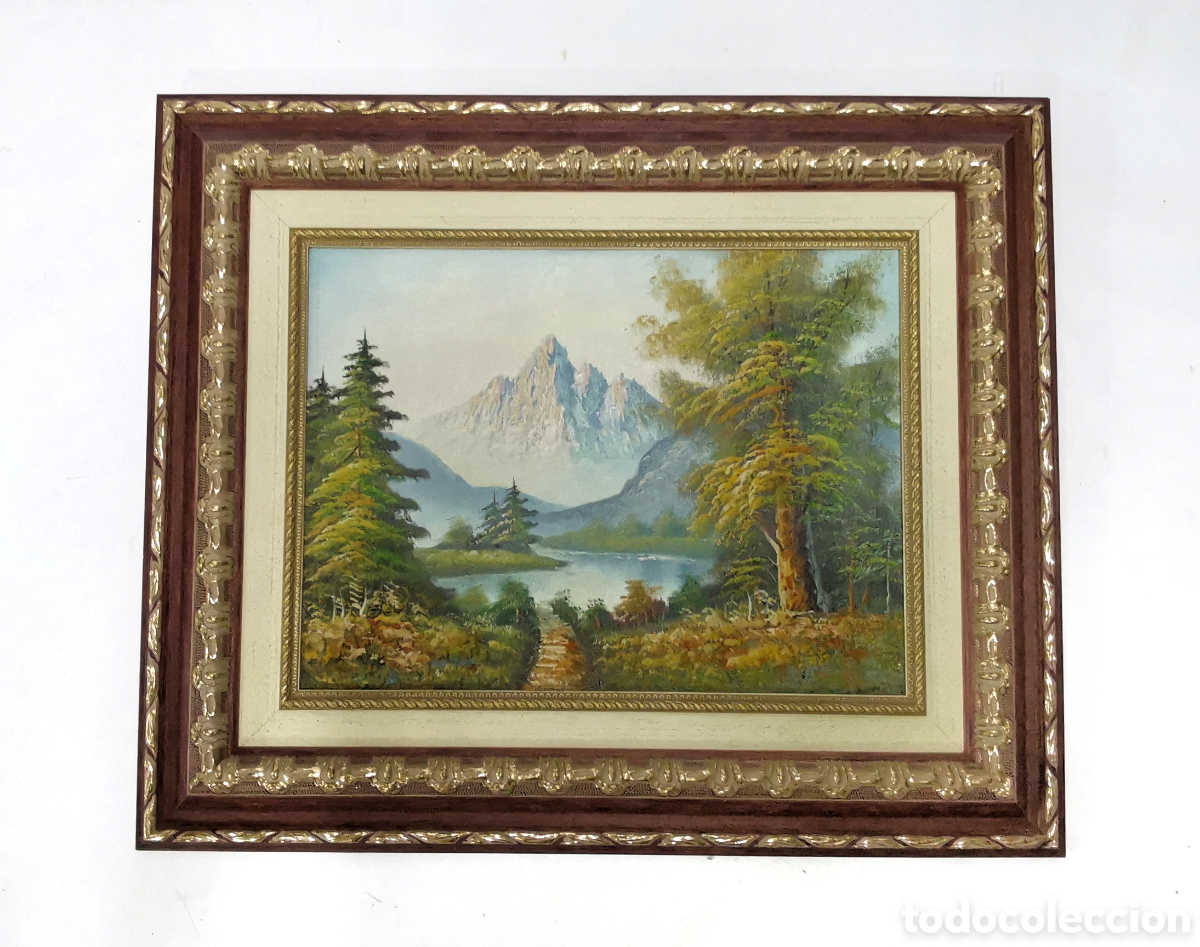 Art: &Oacute;LEO SOBRE LIENZO PAISAJE MONTA&Ntilde;OSO CON LAGO FIRMADO JACK