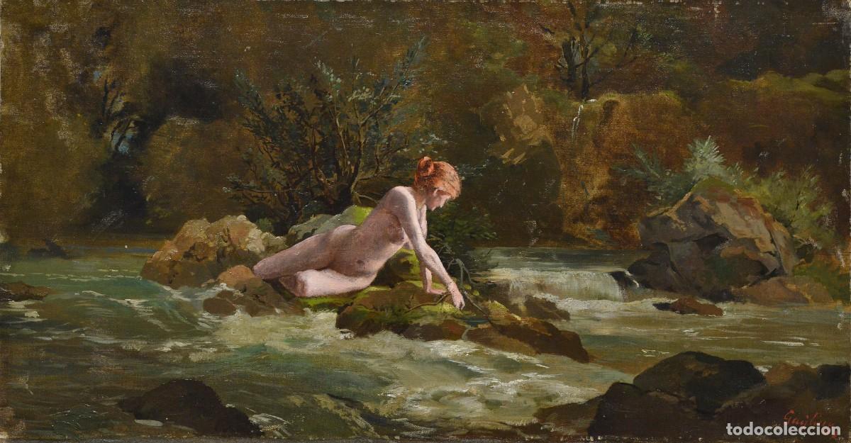 Arte: Late 19th Century European Academic Romanticism Nude Bather Oil Canvas Signed