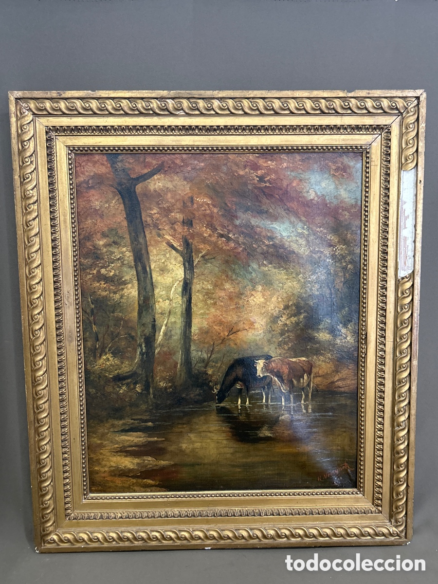 Arte: ANTIGUA PINTURA &Oacute;LEO SOBRE LIENZO VACAS A LA ORILLA DEL ARROYO A&Ntilde;O 1920 FIRMADO POR N.NEERYMEK?