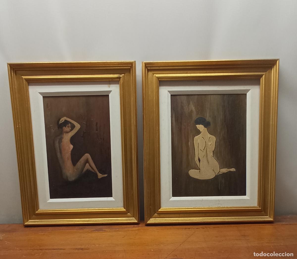 Arte: Pareja de antiguas pinturas firmadas - Desnudos femeninos