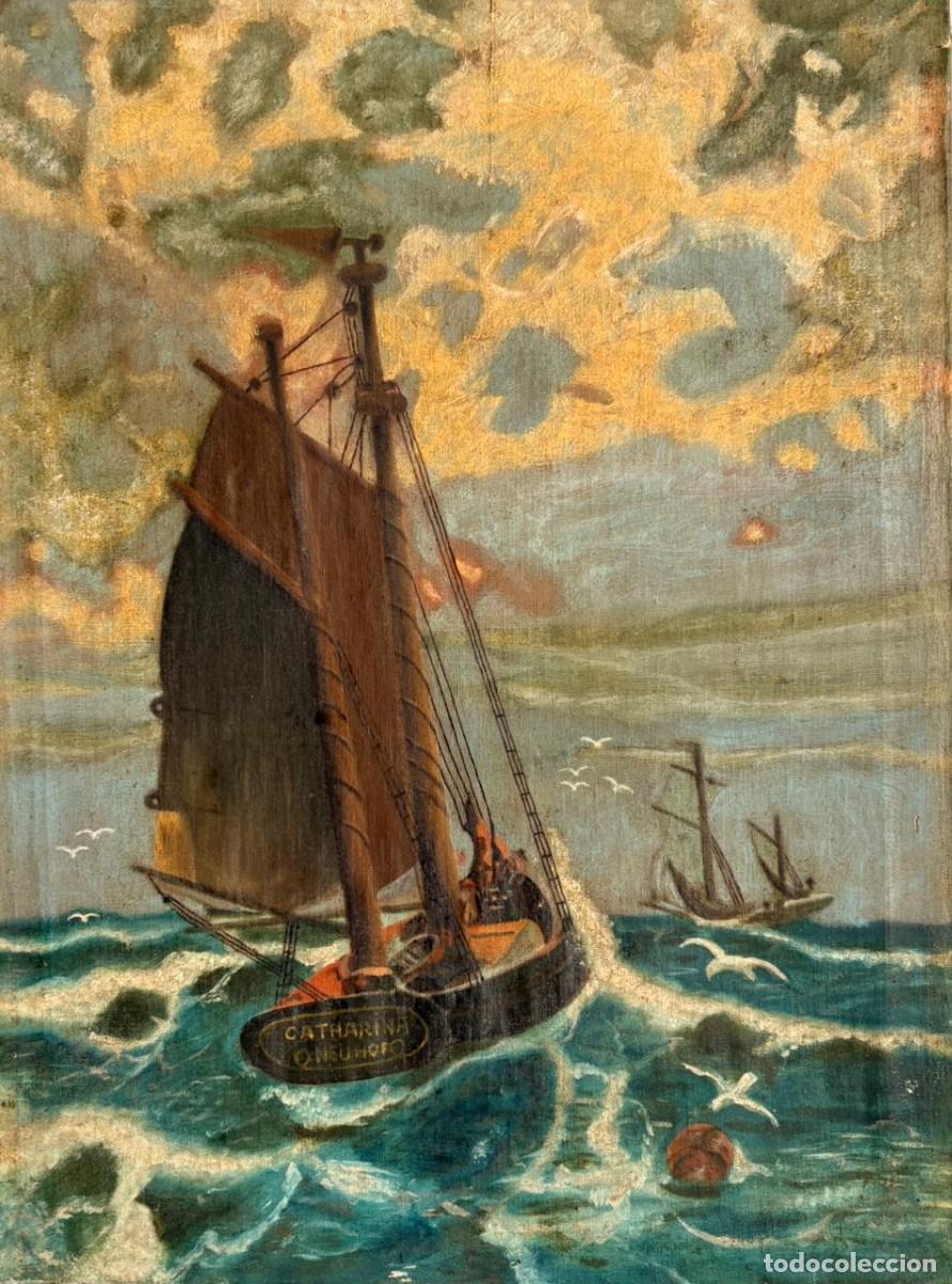 Arte: Pintura al &oacute;leo de paisaje marino europeo de mediados de siglobarco velero 27 x 20 inches