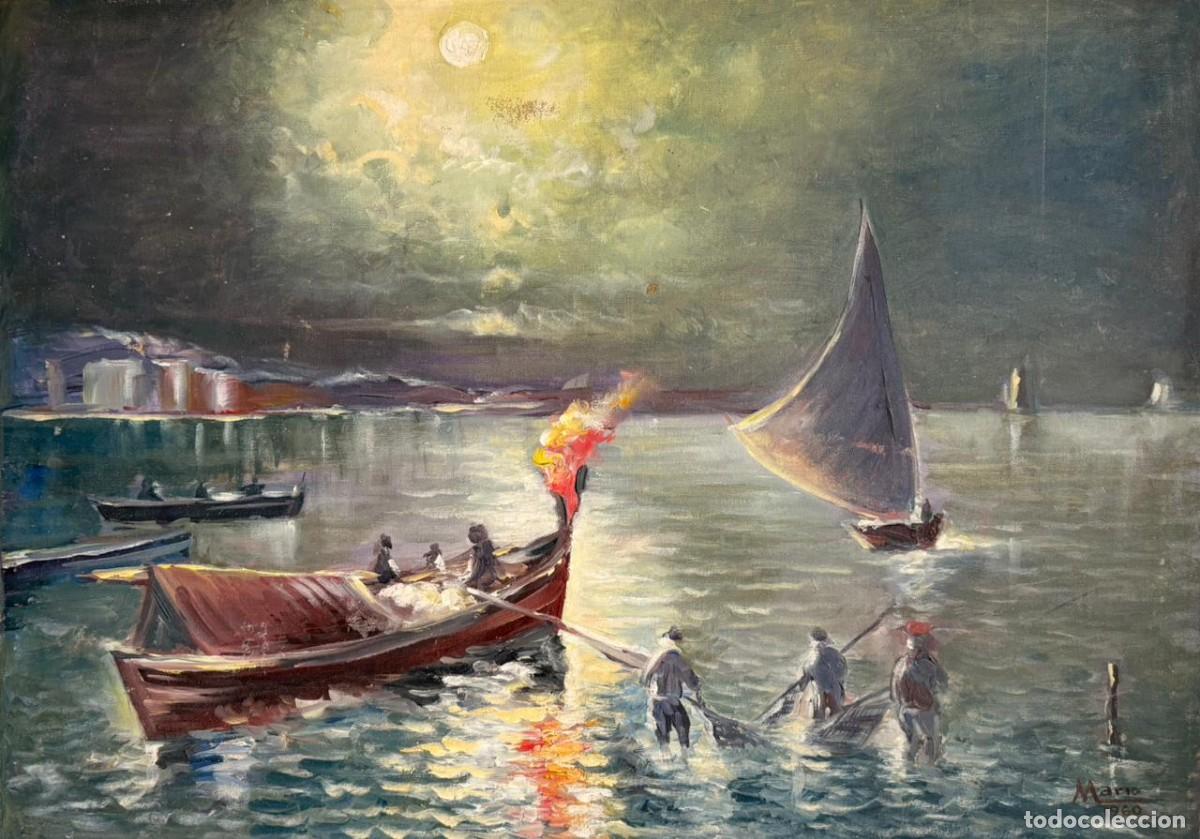 Arte: Pintura al &oacute;leo europea firmada Mario 1960 paisaje marino a la luz de la luna 28 x 20 inches