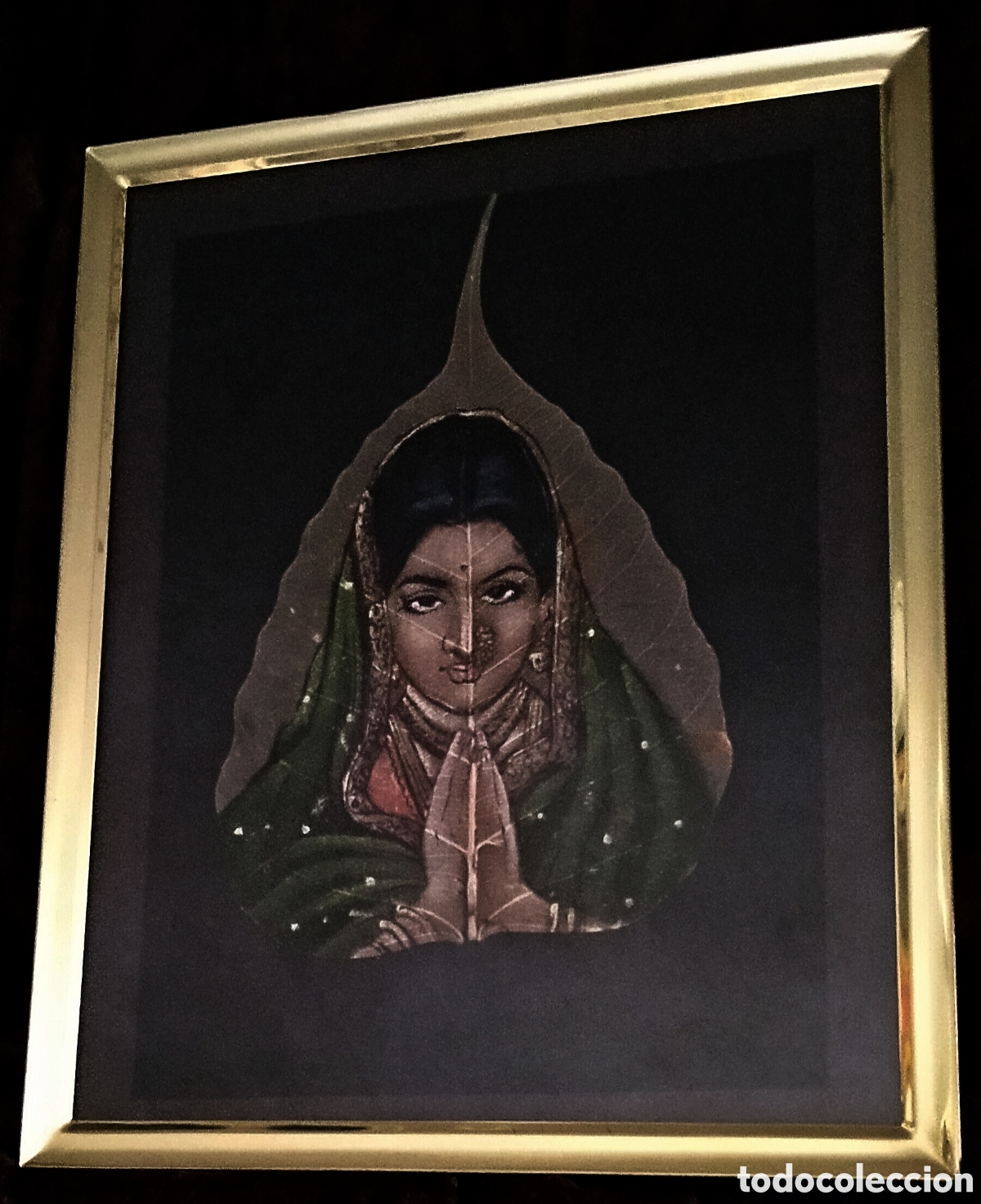 Arte: ACR&Iacute;LICO s. HOJA de &Aacute;RBOL / (REALISMO) * MUJER HIND&Uacute; *. AN&Oacute;NIMO. ENMARCADO. PRECIOSA Y ORIGINAL OBRA