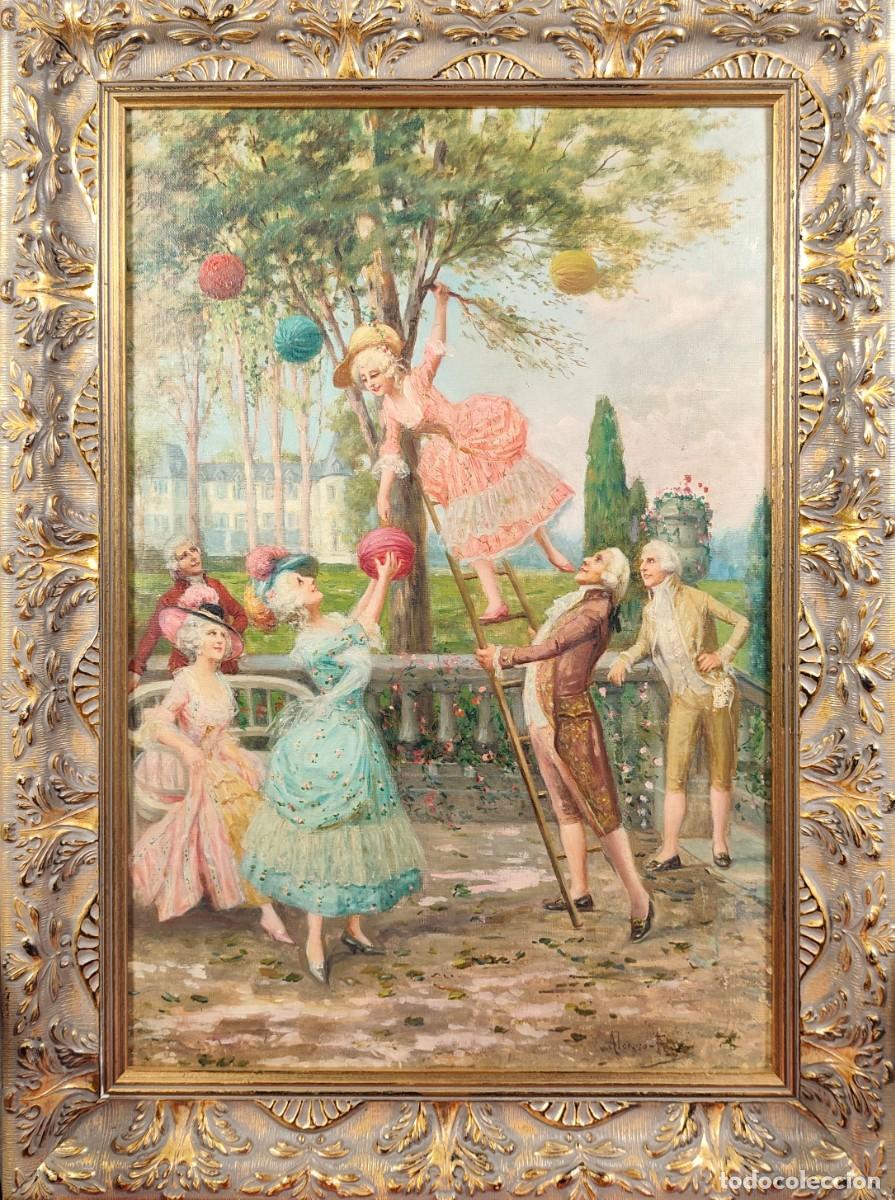 Arte: &Oacute;leo Original Mariano Alonso P&eacute;rez (1857-1930) - Escena Galante de Casacones - Enmarcado 71x51cm