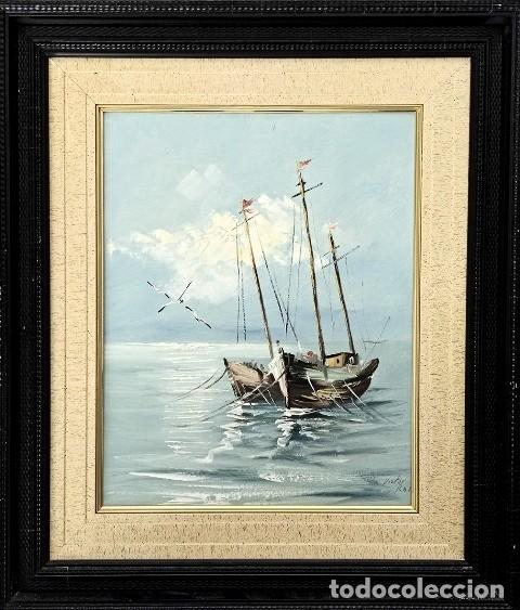 Arte: CUADRO AL OLEO SOBRE TELA ENMARCADO GAVIOTAS Y 2 VELEROS ANCLADOS EN LA ORILLA - CUADRO-1133
