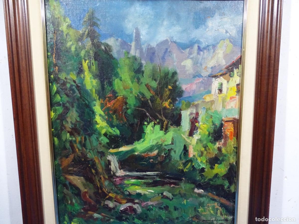 Art: &Oacute;LEO PEGADO A TABLEX MIQUEL PUIG-FAURA (PINTOR SALLENT). PAISAJE MONTA&Ntilde;A Y R&Iacute;O.