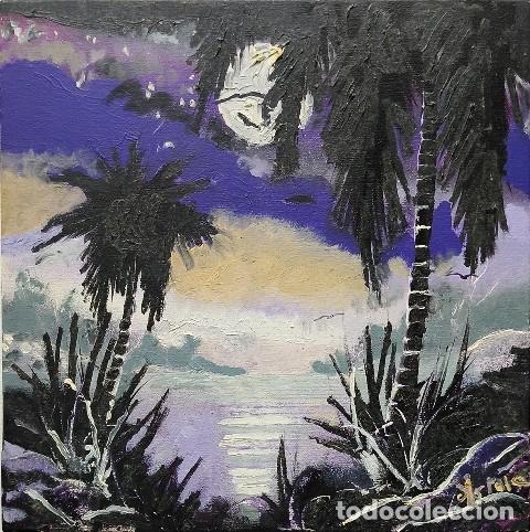 Arte: CUADRO AL OLEO ORIGINAL SOBRE LIENZO CON BASTIDOR PAISAJE TROPICAL NOCTURNO (FIRMADO) - CUADRO-1138