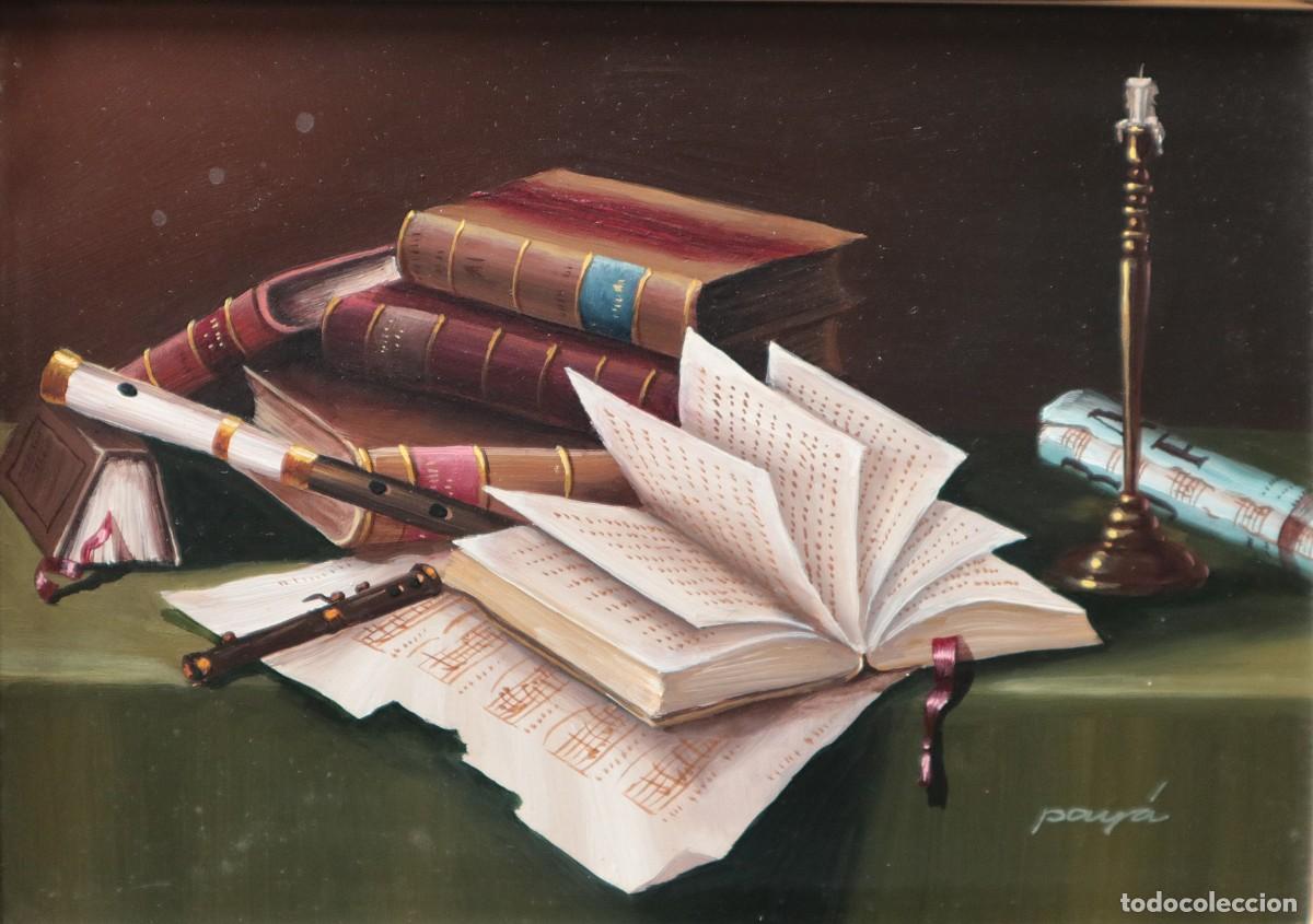 Arte: Luis Solbes Pay&aacute; (Valencia, 1920-1995). Libros e instrumentos musicales. &Oacute;leo sobre tabla.