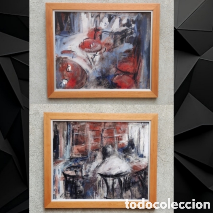Arte: Lote 2 cuadros &oacute;leo sobre tabla Terraza Caf&eacute; de Par&iacute;s