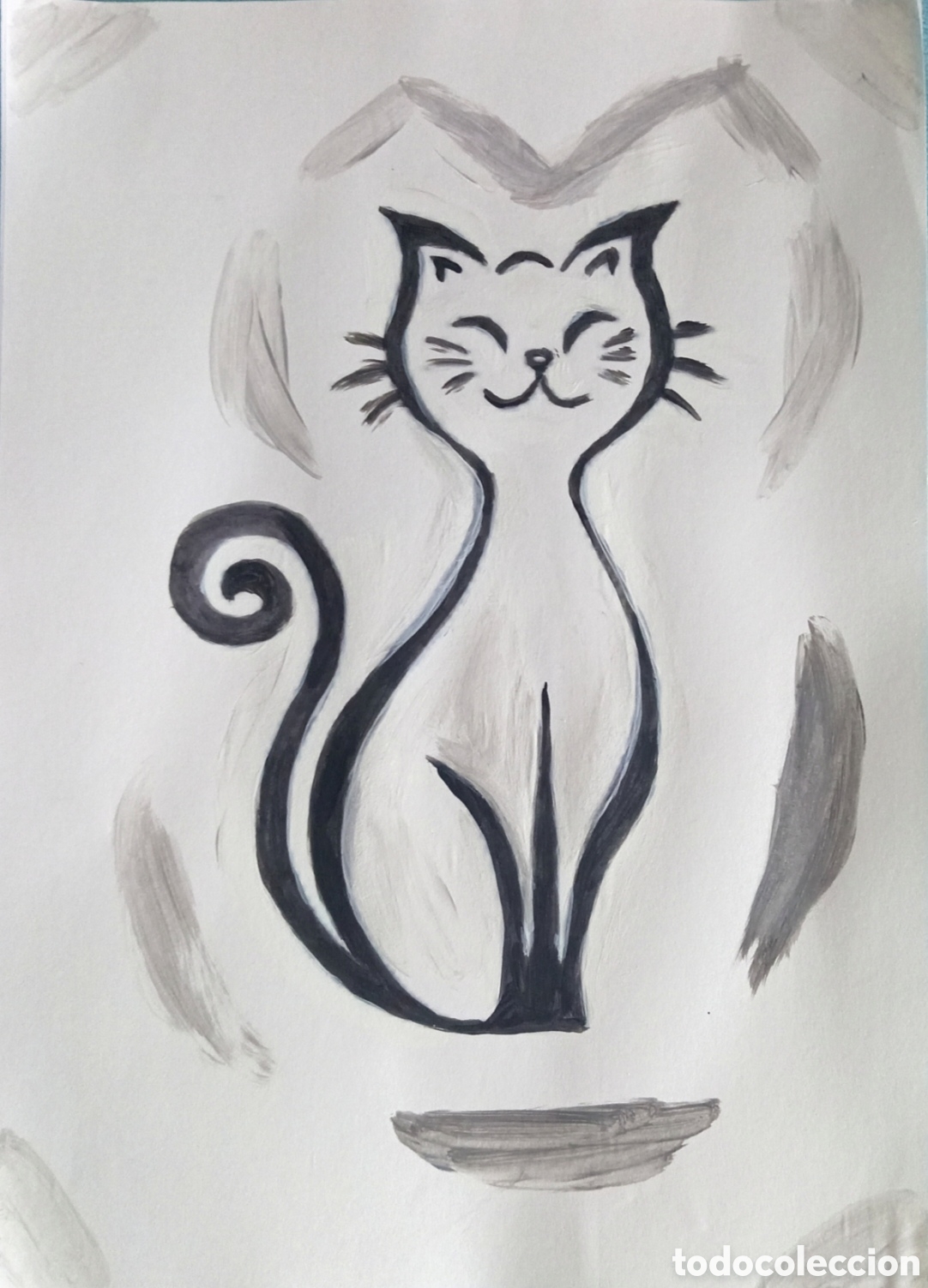 Arte: Original pintura gato trazos (10) (t&eacute;cnica mixta) acuarela y acr&iacute;lico sobre papel doble 29,6cm x 21c