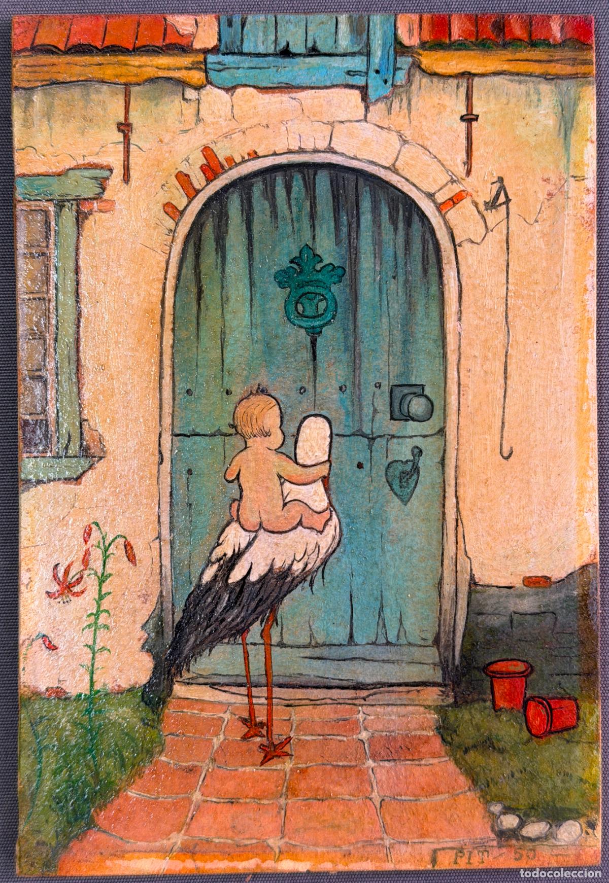 Arte: Pintura original , t&eacute;cnica mixta sobre cart&oacute;n firmada y fechada en 1950