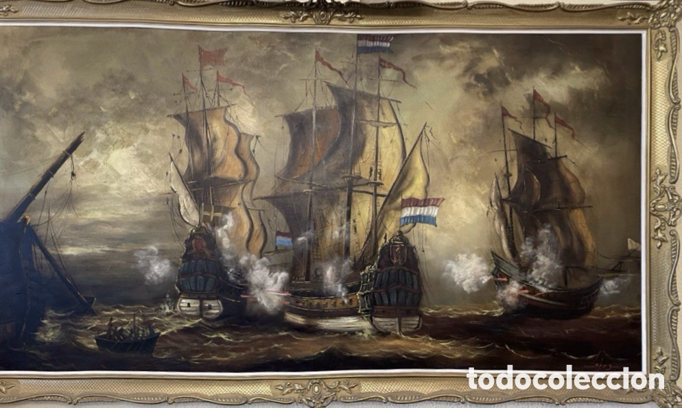 Arte: Gran &Oacute;leo sobre lienzo - Batalla Naval de Galeones (184x106 cm incluido marco) - Firmado L&oacute;pez