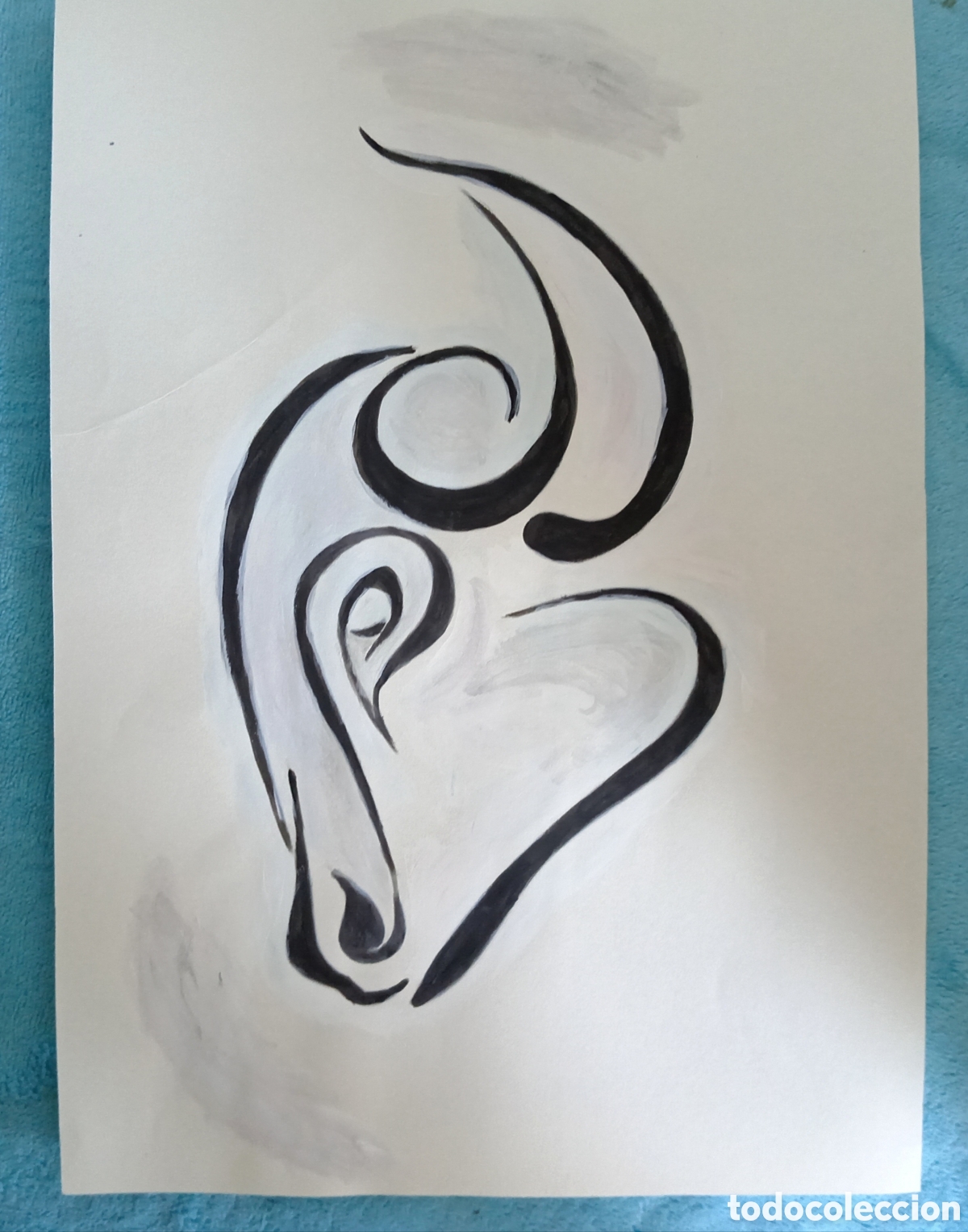 Art: Original pintura Toro cabeza trazos (19) (t&eacute;cnica mixta) acuarela y acr&iacute;lico sobre papel 30,5cm x 21