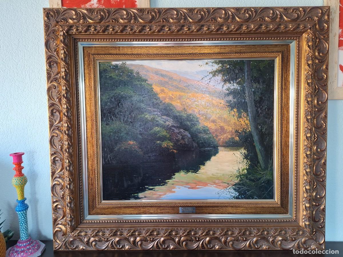 Arte: Gran &Oacute;leo Paisaje Fluvial 50x61,5 cm - MIGUEL PEIDR&Oacute; (1950) - Espectacular Marco de Lujo con Placa