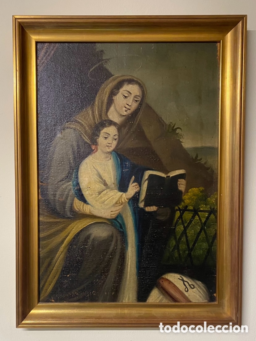 Arte: &Oacute;leo sobre lienzo Santa Ana ense&ntilde;ando a la Virgen Mar&iacute;a a leer siglos XVIII XIX Escuela Espa&ntilde;ola