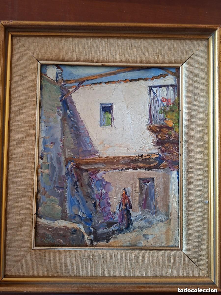 Arte: Vista de pueblo con figura. Oleo