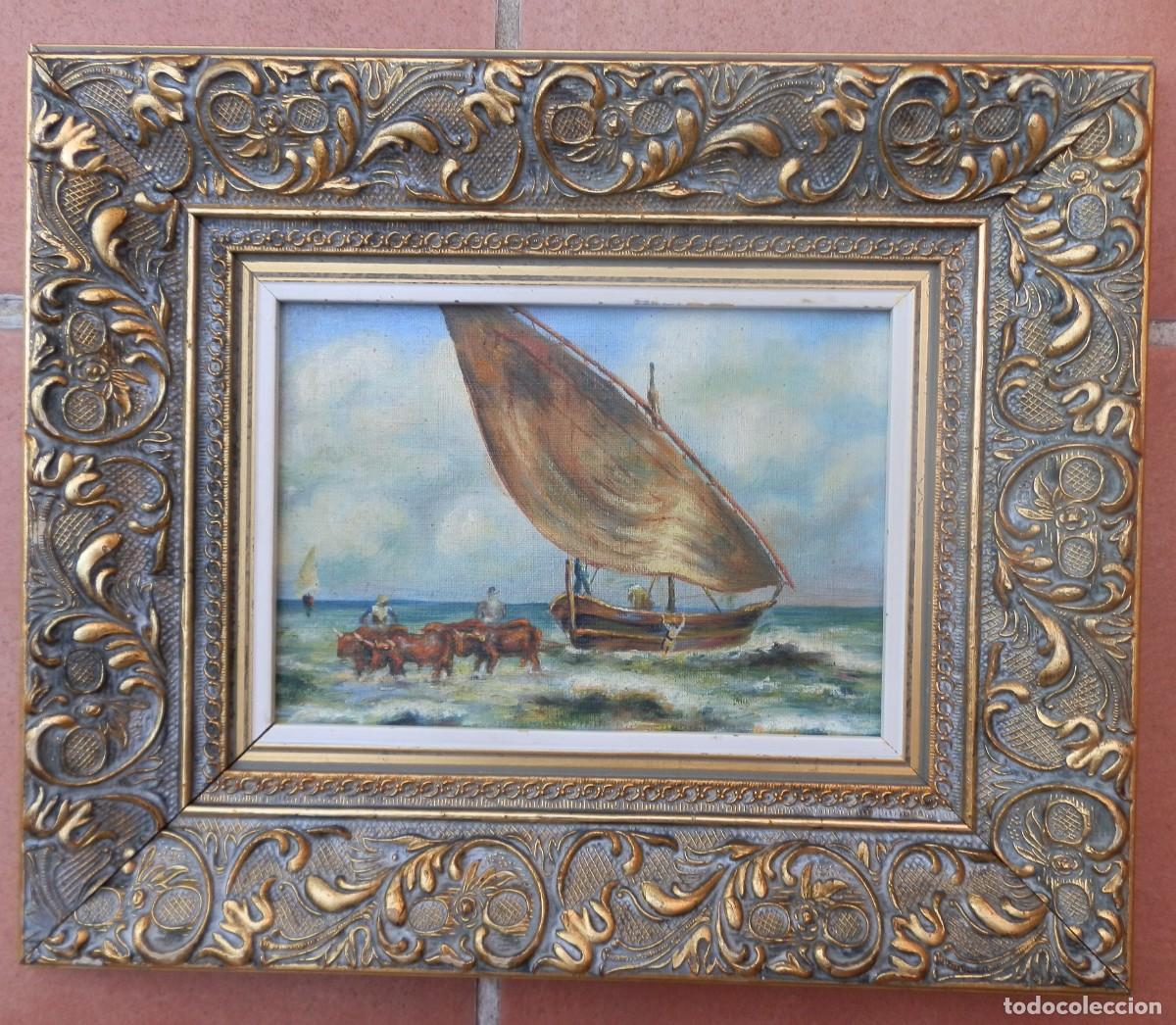 Art: &Oacute;leo sobre cart&oacute;n entelado. Marina sin firma. Con marco. ESCUELA VALENCIANA.