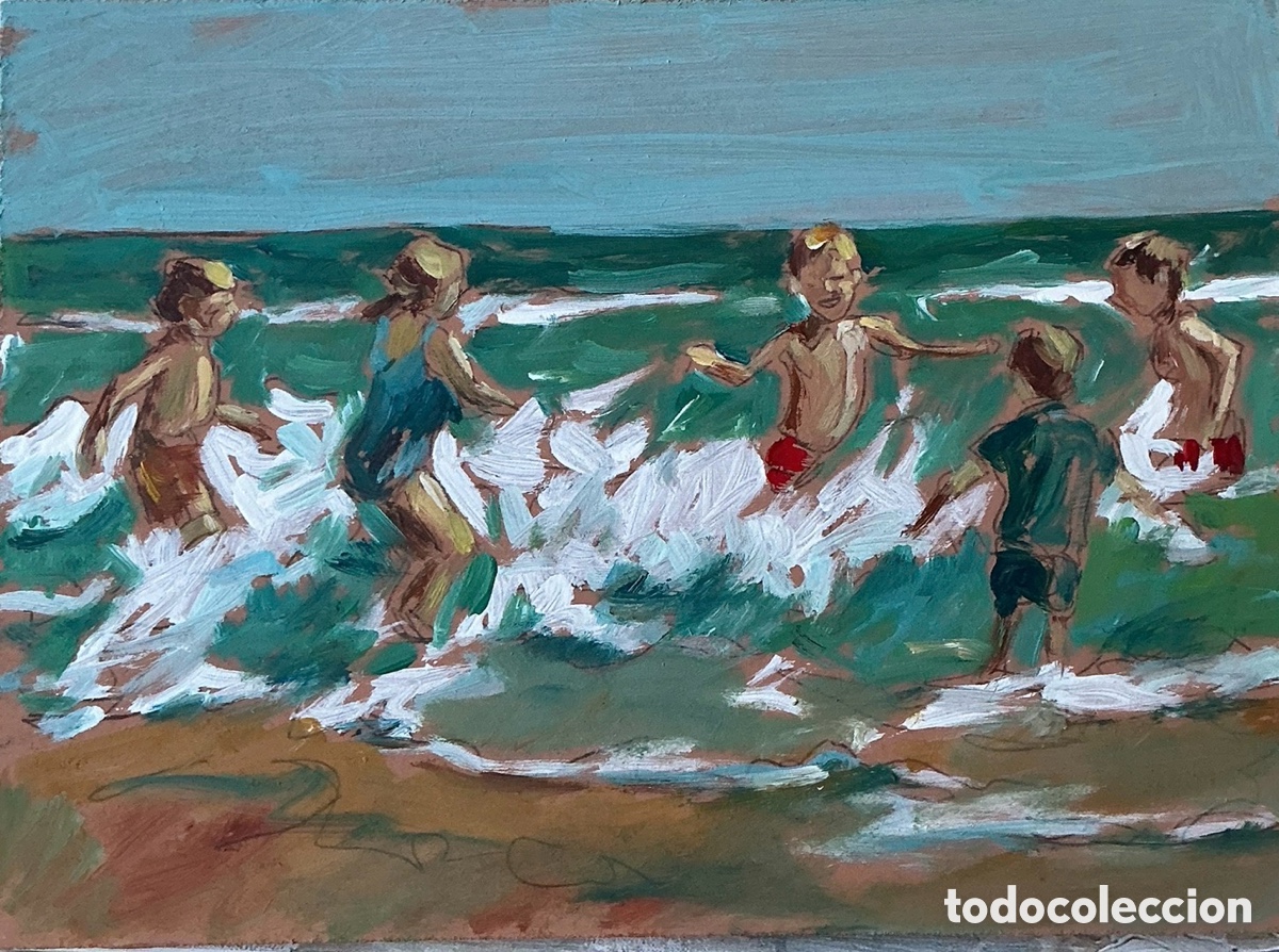 Arte: &Oacute;leo original. Demetrio Sus&iacute;n. Ni&ntilde;os jugando en las olas. 13x18 cm.