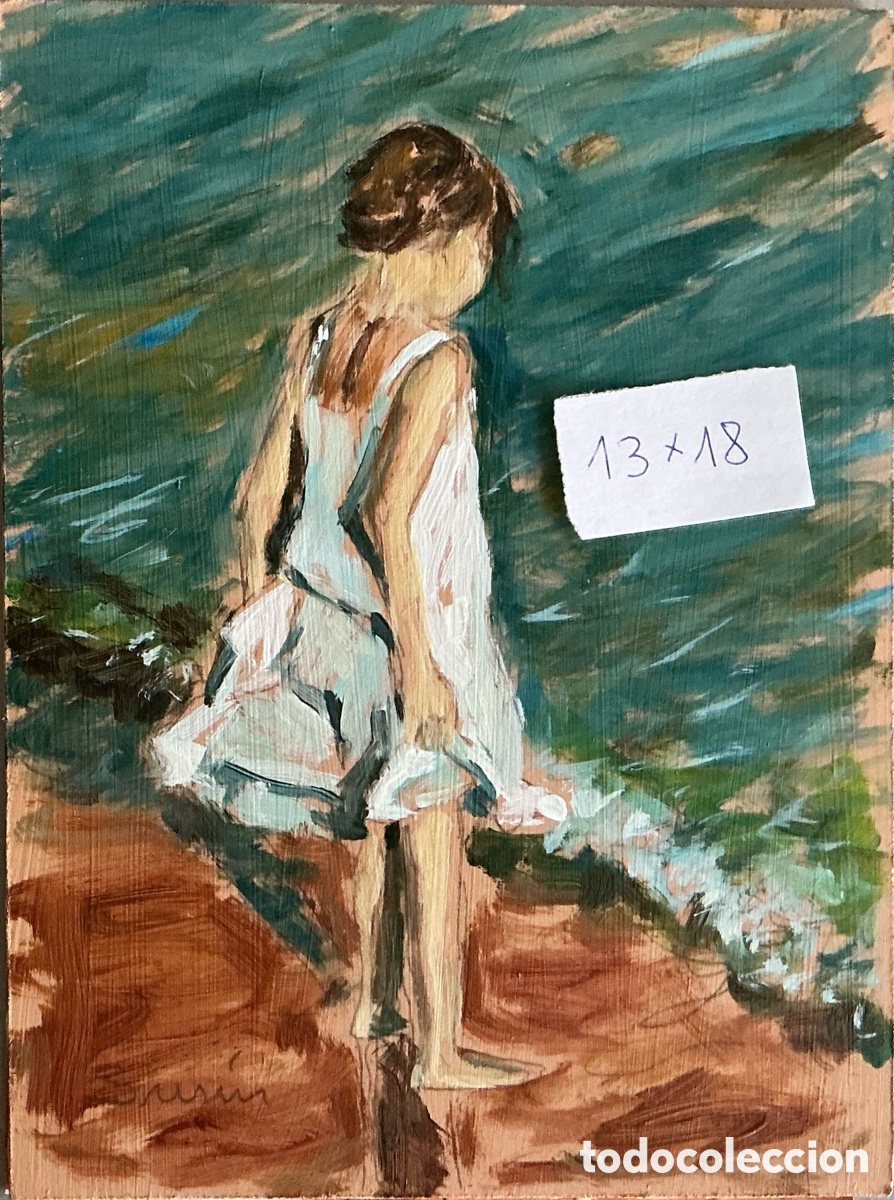 Art: &Oacute;leo original. Demetrio Sus&iacute;n. Ni&ntilde;a en la playa 01.
