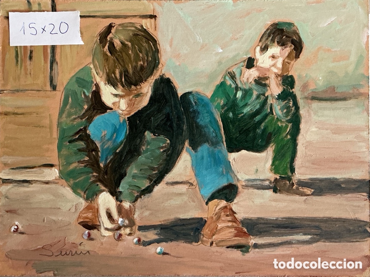 Art: &Oacute;leo inspirado. Demetrio Sus&iacute;n. Jugando a las canicas. 15x20 cm.
