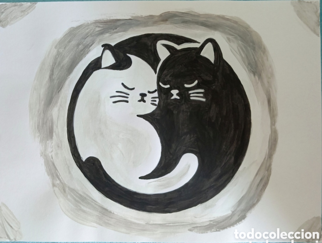Arte: Original pintura gato trazos (12) (t&eacute;cnica mixta) acuarela y acr&iacute;lico sobre cartulina 30,3cm x 21,5c