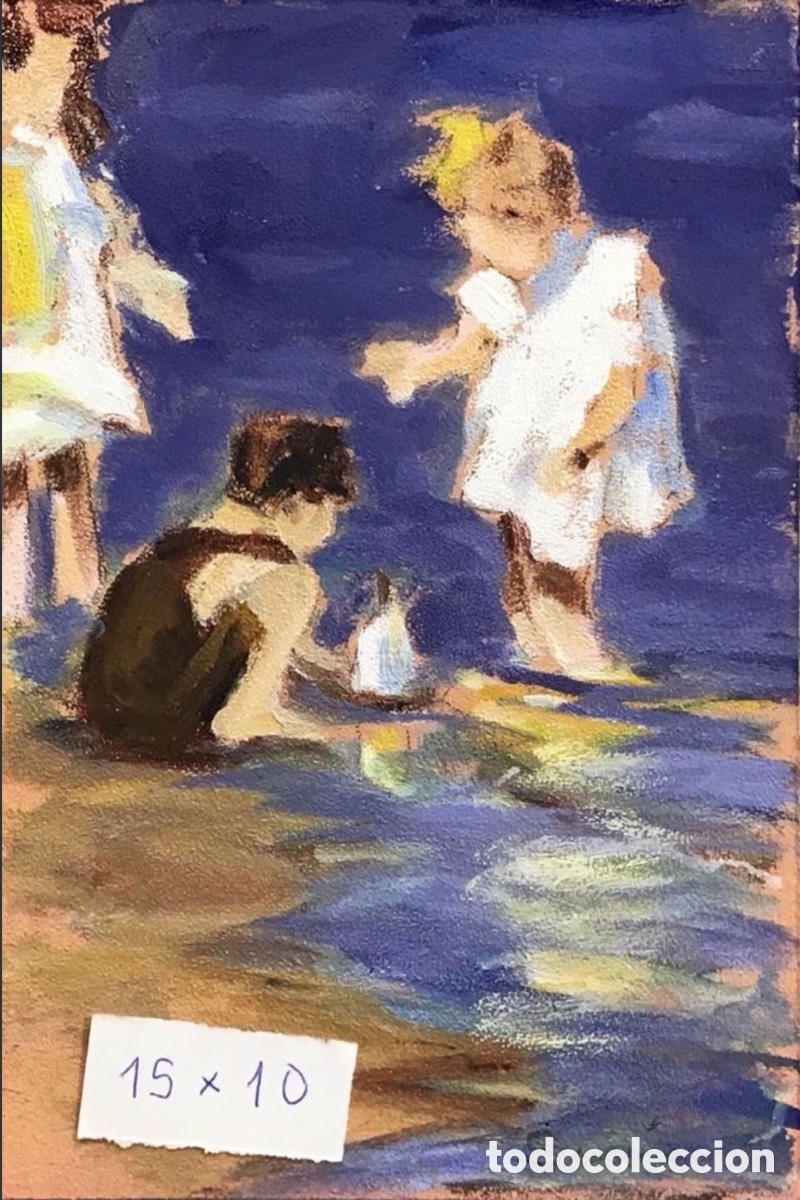 Art: &Oacute;leo original. Demetrio Sus&iacute;n. Ni&ntilde;os en la playa 1. 15x10 cm.