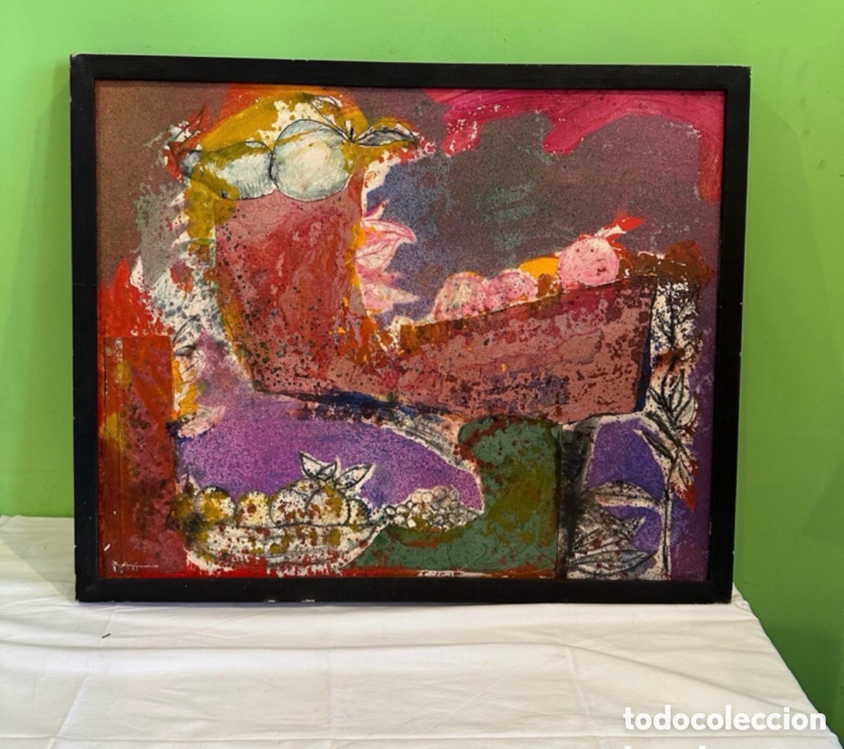 Arte: Diego L&oacute;pez Granados Mesa con frutas t&eacute;cnica mixta &oacute;leo y collage sobre lienzo 81 x 65 cm