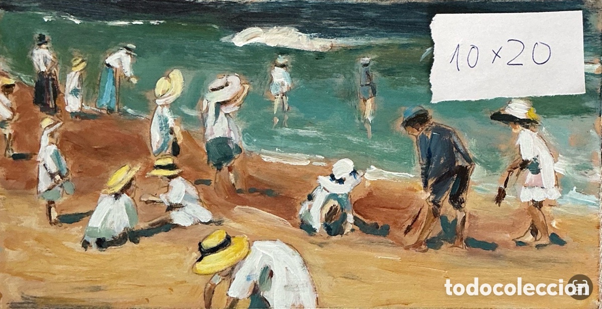 Art: Oleo original. Demetrio Sus&iacute;n. Ni&ntilde;os en la playa 2. 10x20 cm.