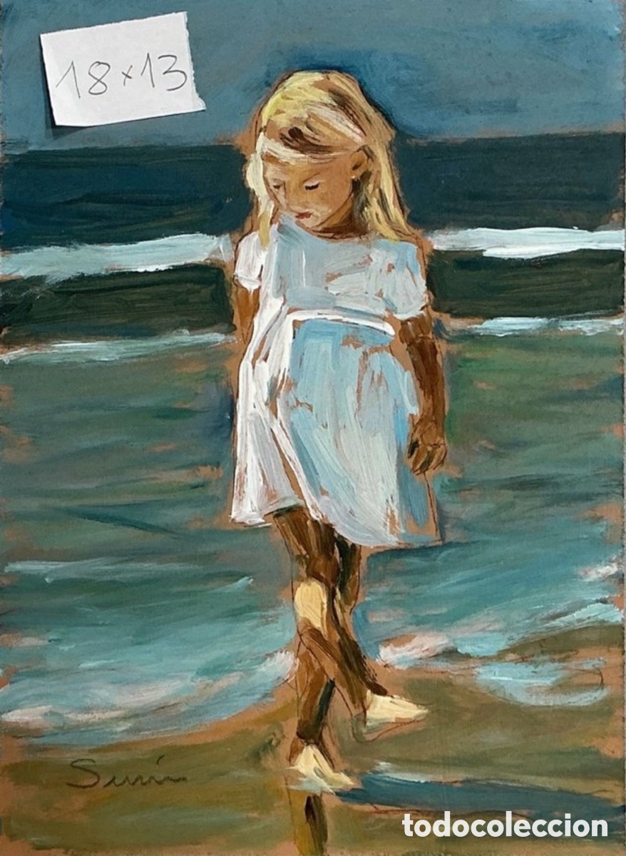 Kunst: Oleo original. Ni&ntilde;a en la playa 4. Demetrio Sus&iacute;n. 18x13 cm.