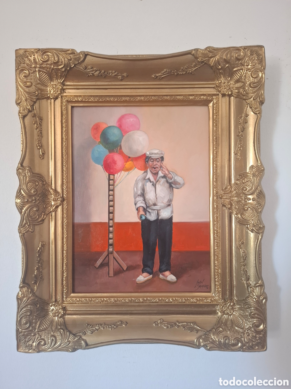Arte: Oleo en tabla de juan grande antiguo vendedor de globos 60x50