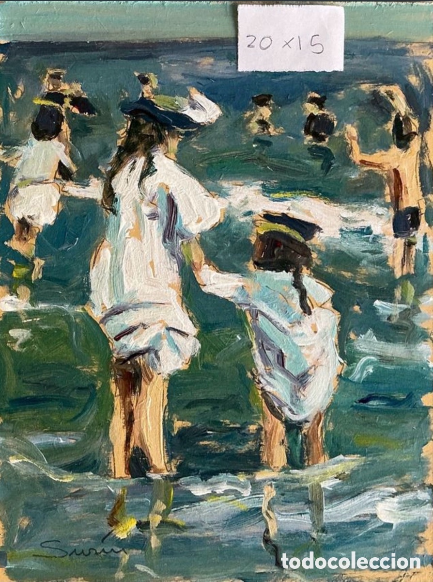Art: &Oacute;leo original. Demetrio Sus&iacute;n. Playa y ni&ntilde;as.