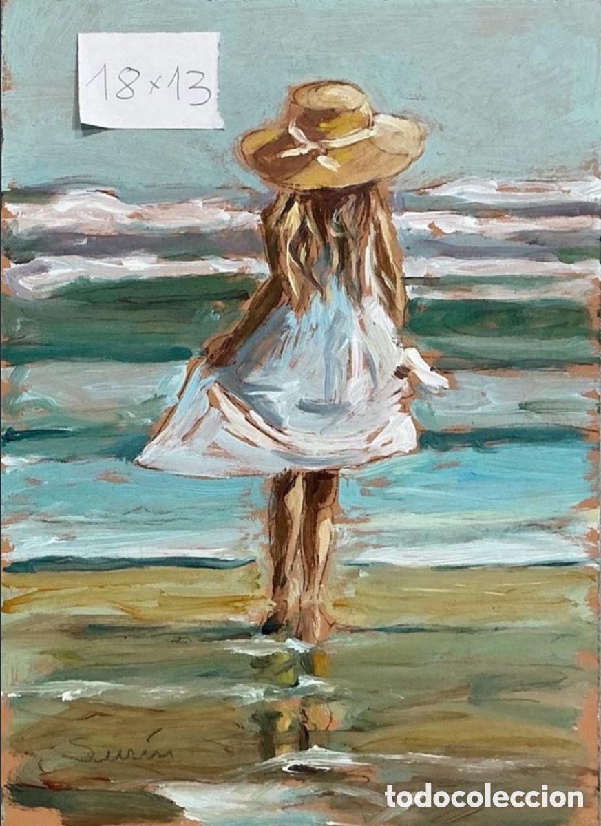 Arte: Oleo original. Demetrio Sus&iacute;n. Ni&ntilde;a en la playa 6. 18x13 cm.