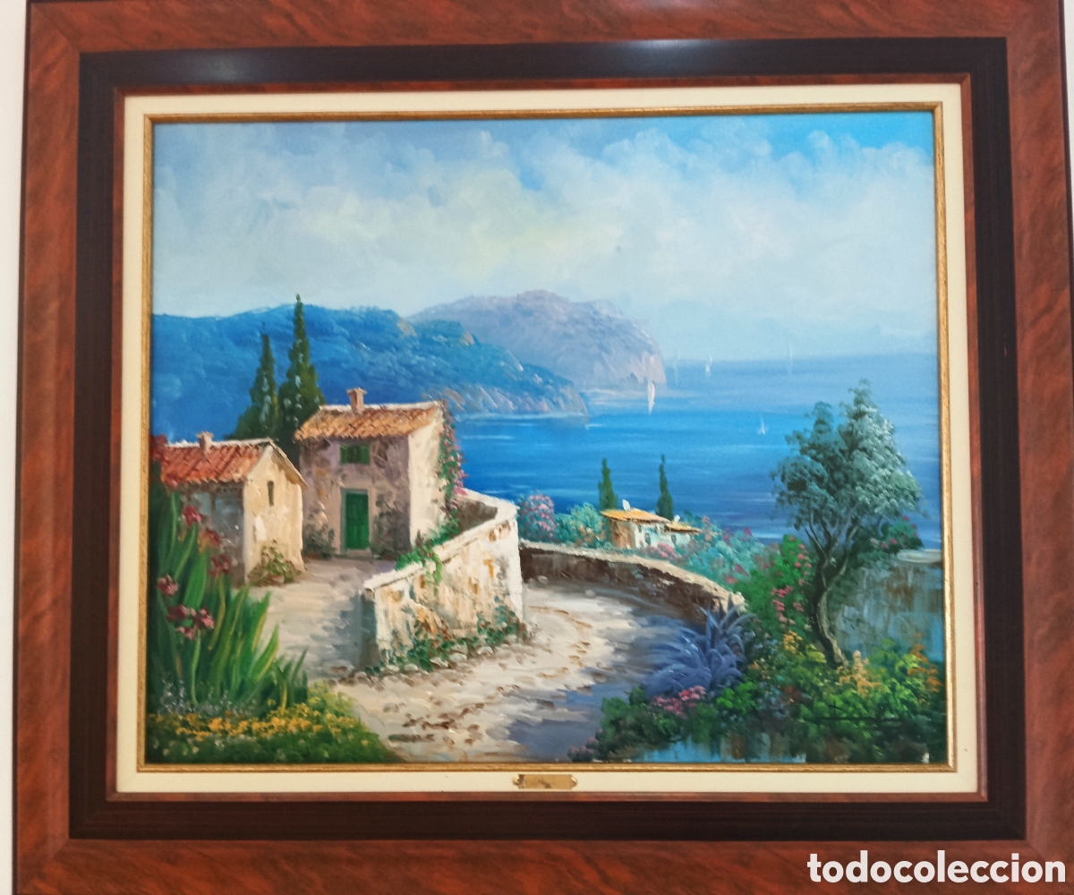 Arte: &Oacute;leo original paisaje mediterreaneo. Pintor Ramos. 60x70cm. Enmarcado.