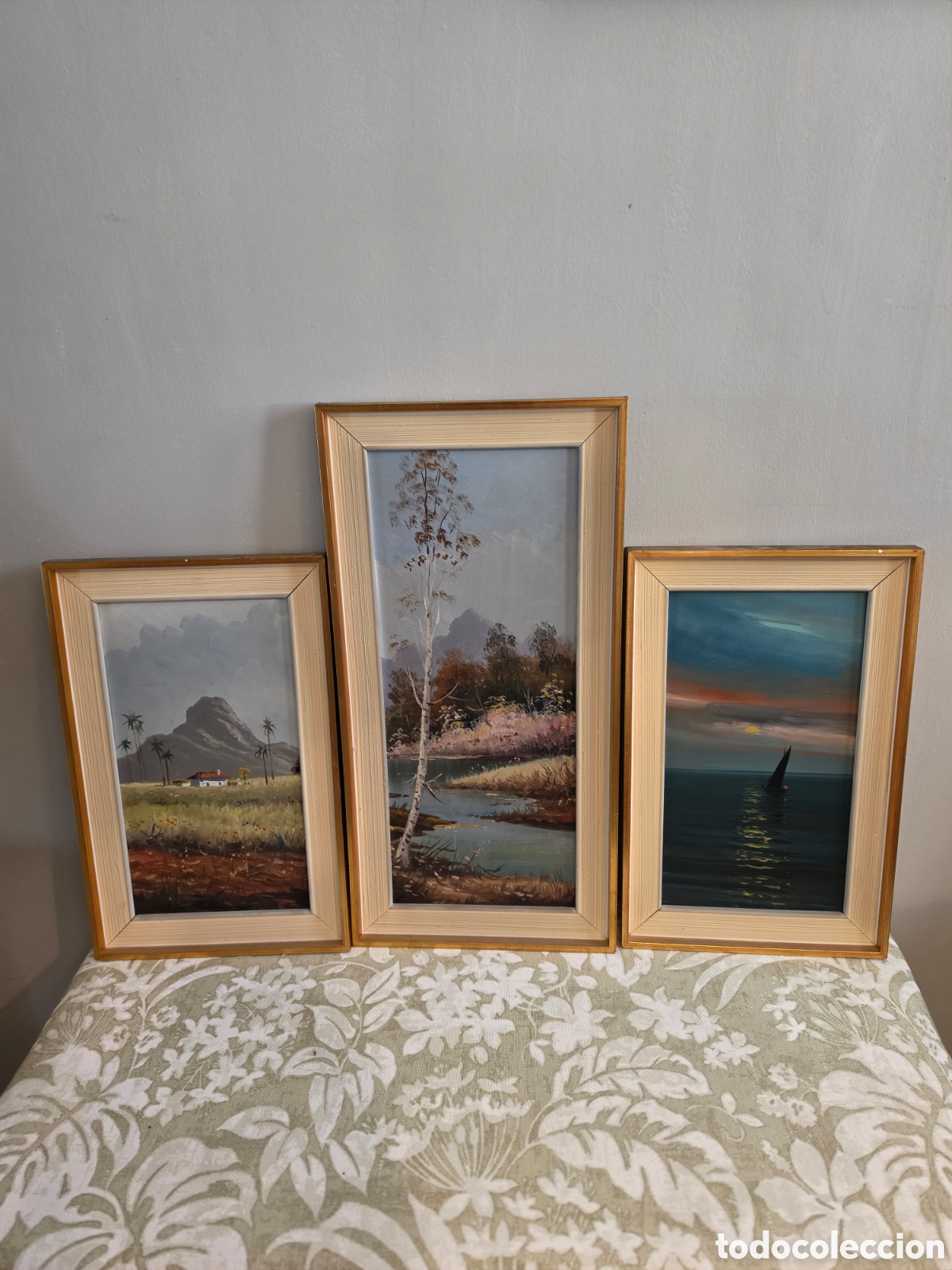Arte: Tr&iacute;ptico &Oacute;leos Vintage Enmarcados - Paisajes Tropical, Oto&ntilde;al y Marina - S. XX