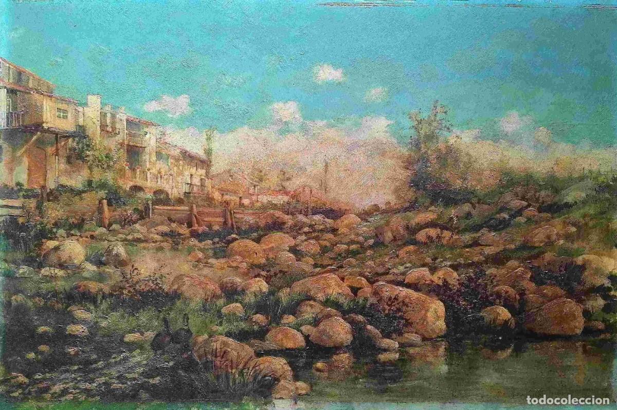 Arte: Escuela catalana finales s. XIX &oacute;leo/tabla 65 x 44 cm. Paisaje con r&iacute;o. Con marco.