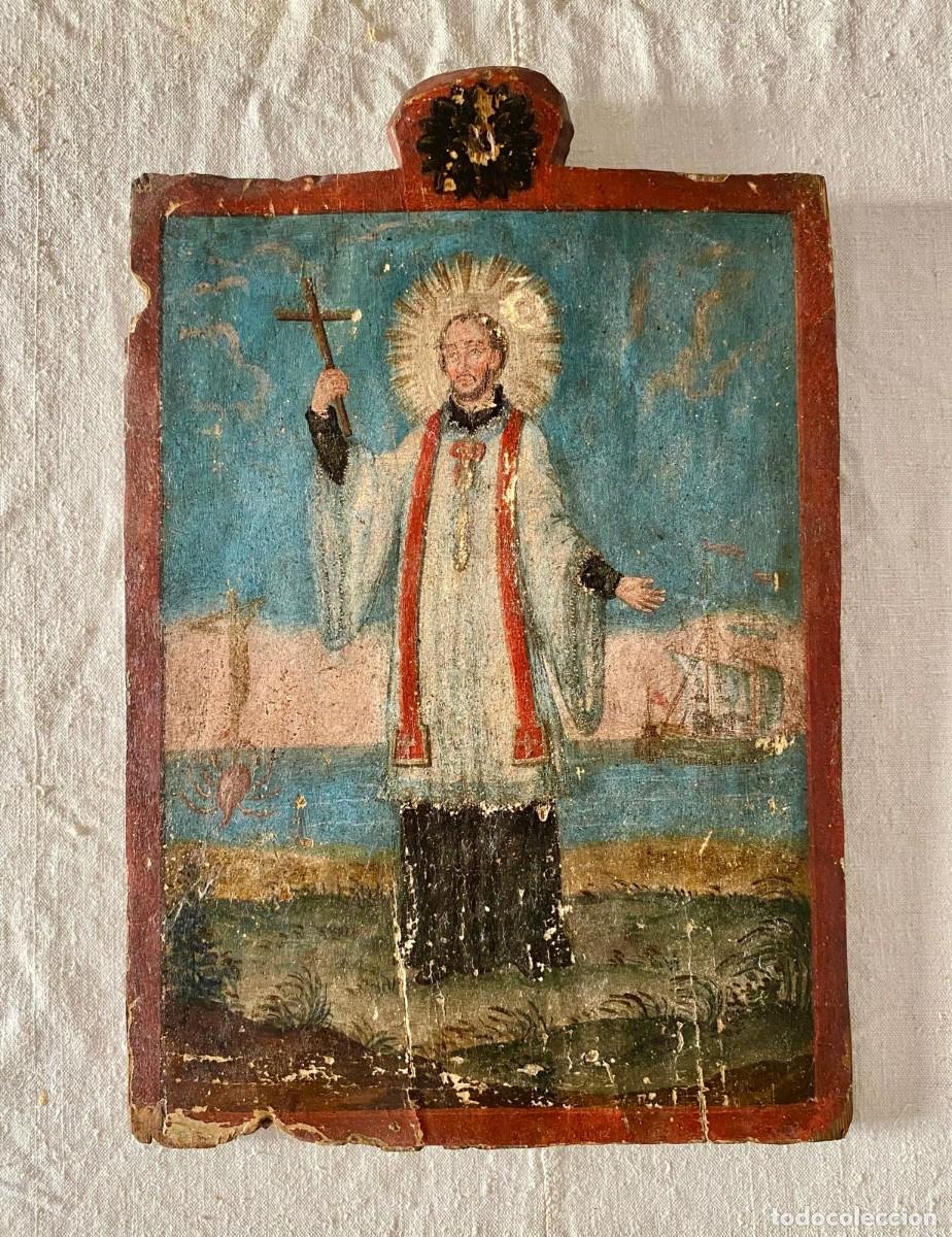 Arte: Retablo San Francisco Javier, pintura al &oacute;leo sobre cart&oacute;n pegada a madera, marouflage, siglo XVIII.