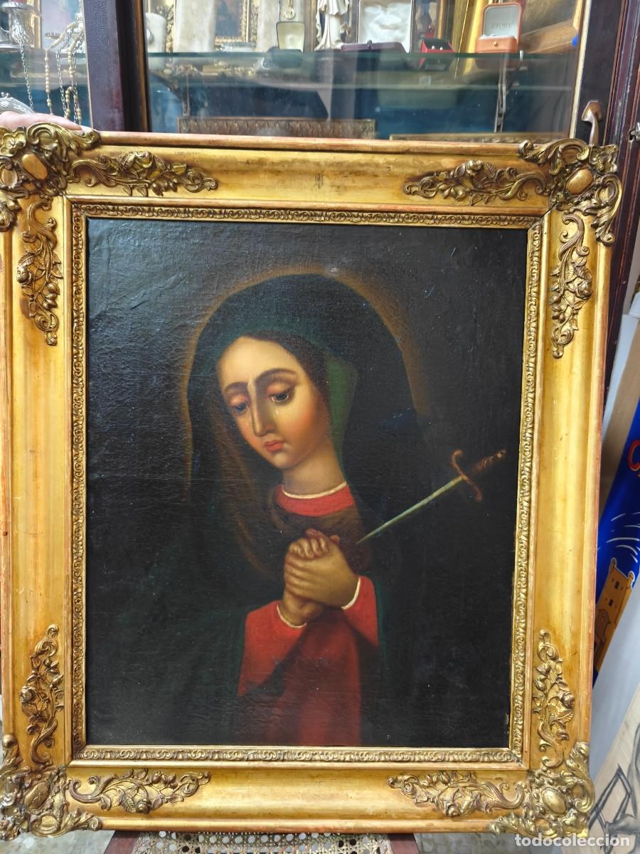 Arte: &Oacute;leo sobre lienzo antiguo - Virgen de los Dolores (Dolorosa) con pu&ntilde;al - Marco de &eacute;poca dorado