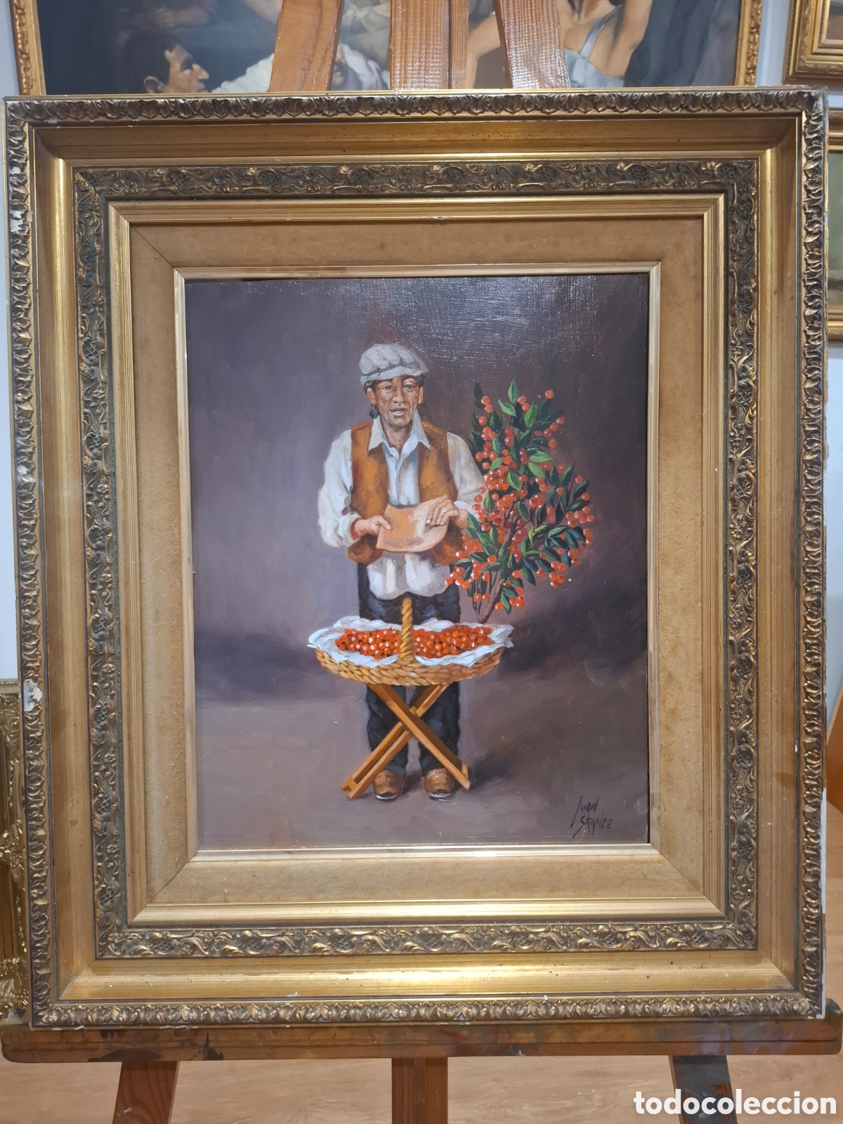 Arte: Oleo sobre tabla juan grande vendedor de madro&ntilde;os 60x53