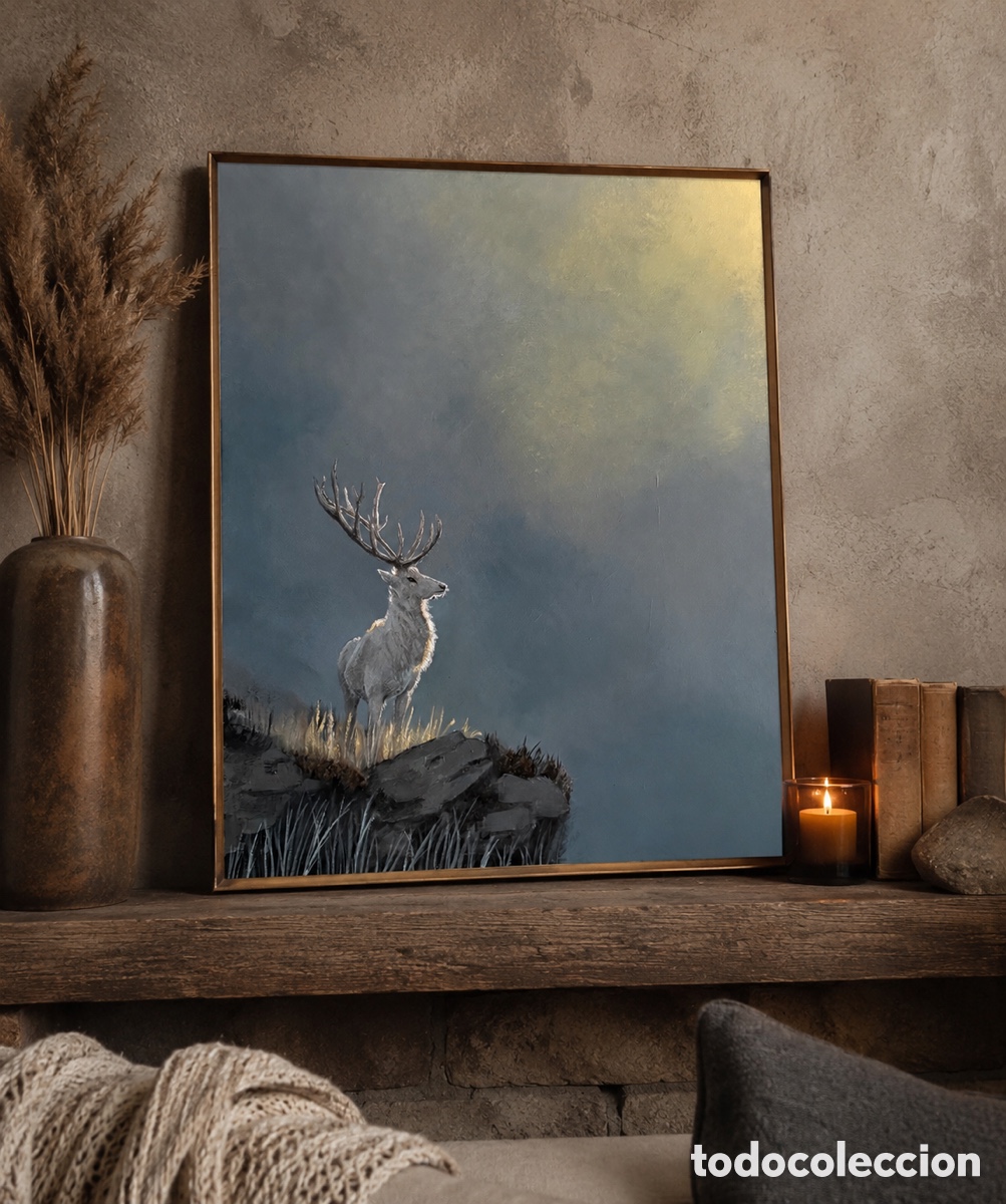 Arte: Original Acrylic Deer Painting 46x55 cm, Misty Wildlife Stag Canvas Art