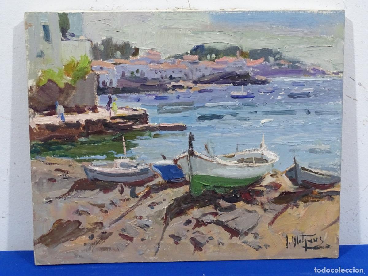 Arte: &Oacute;LEO JOAN MITJANS I BUXELL. PUEBLO CON MAR COSTA BRAVA.