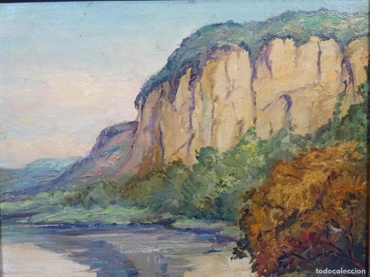 Arte: &Oacute;LEO TABLA FIRMA ILEGIBLE. PAISAJE CON R&Iacute;O Y MONTA&Ntilde;A. BUEN TRAZO.