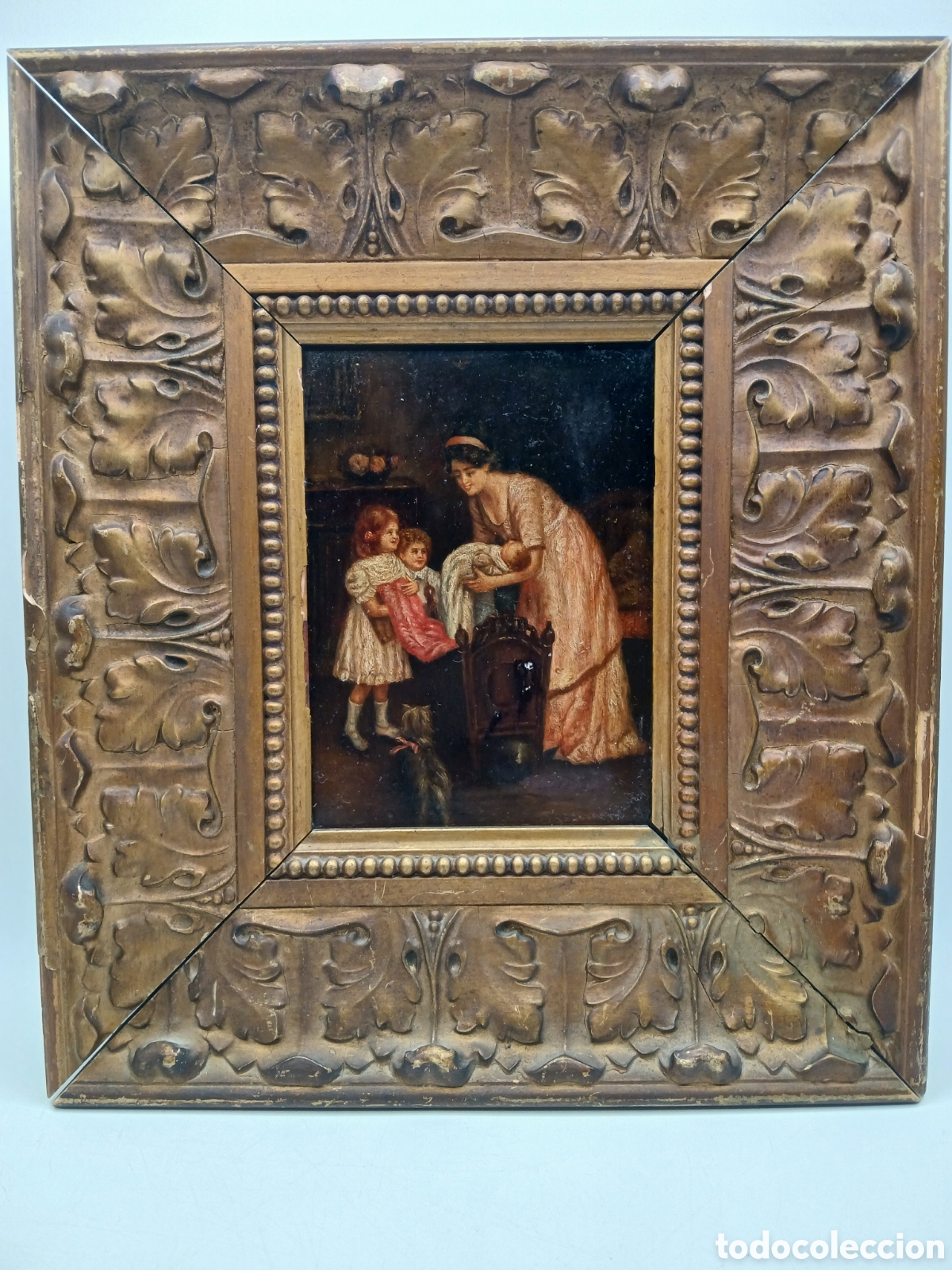 Arte: Madre e hijos. Escena victoriana &oacute;leo sobre tabla marco madera estucada dorado oro viejo. An&oacute;nimo