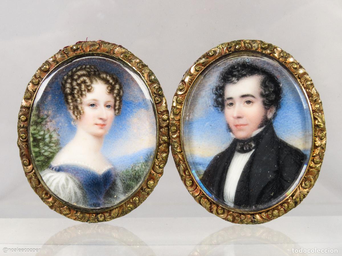 Arte: Retratos en miniatura con marcos en bronce Ingl&eacute;s siglo XIX
