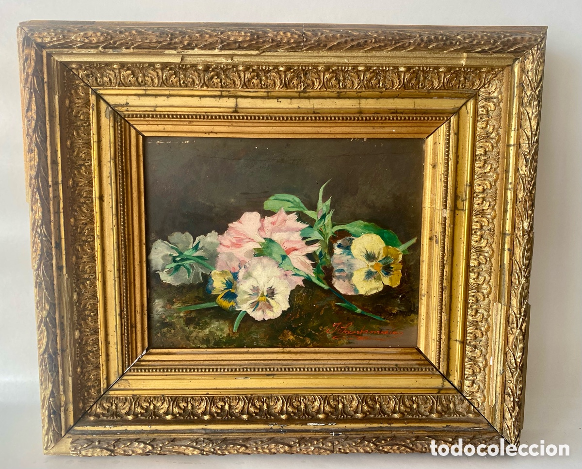 Arte: Bodeg&oacute;n floral Naturaleza muerta de flores. &Oacute;leo sobre tabla Firmado J Santamaria Finales S XIX nume