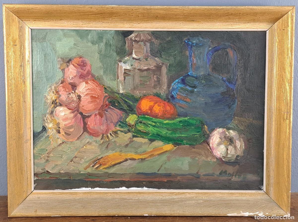 Arte: &Oacute;leo sobre lienzo firmado Molina. Bodeg&oacute;n con ajos y jarra azul